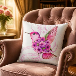 Oreiller colibri à motif floral rose