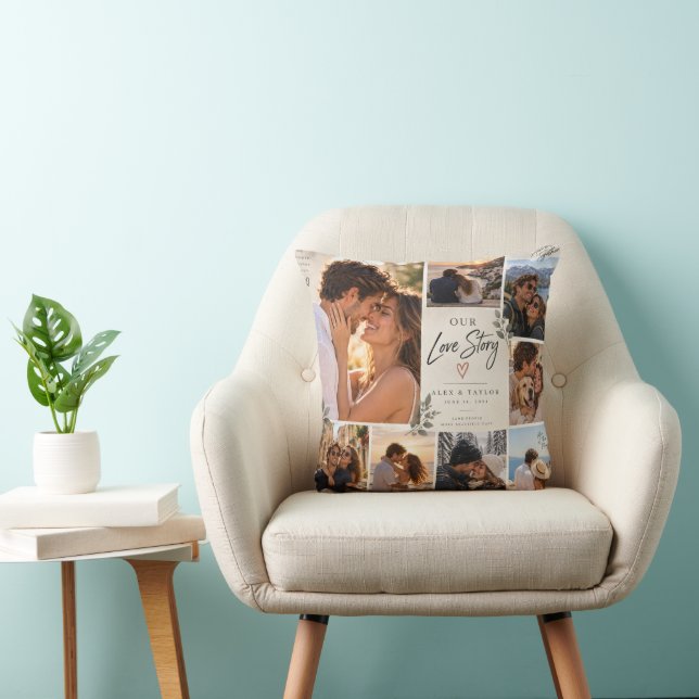 Oreiller de collage photo de notre histoire d'amou (Chaise)