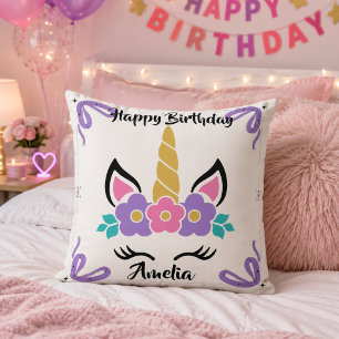 Oreiller de jet licorne personnalisé Joyeux Annive
