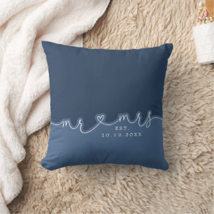Oreiller de mariage bleu poussiéreux Mr Mrs Heart