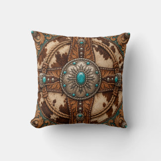 Oreiller en cuir de vache turquoise de style weste