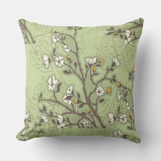 Oreiller Floral Asiatique Écrasé Vert Sage (Recto)