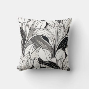 Oreiller floral noir et blanc Art Déco