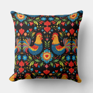 Oreiller floral poulet art populaire
