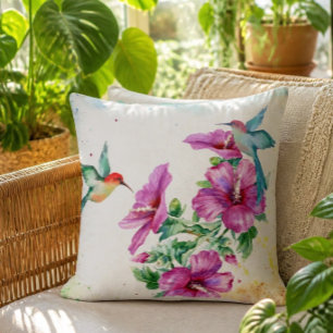 Oreiller jeté à motif de deux colibris à l'aquarel