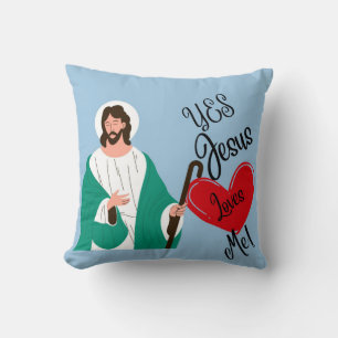 Oreiller jeté bleu clair "Oui, Jésus m'aime"