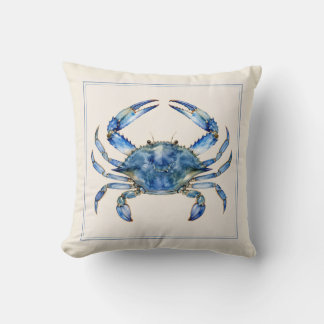 Oreiller jeté bleu crabe aquarelle côtier