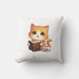 Oreiller jeté chat coquet et livres – Thé et lectu