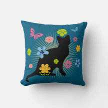 Oreiller jeté chat noir floral fantaisiste