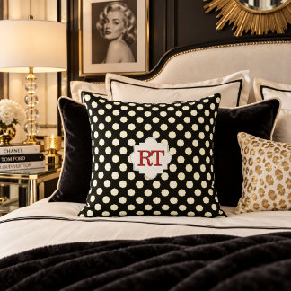 Oreiller jeté Chic Monogramme à pois Noir Blanc