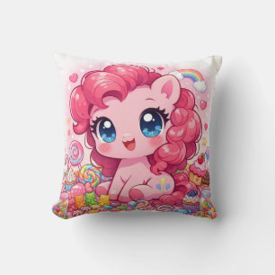 Oreiller jeté d'art Chibi Cheval Rose Kawaii