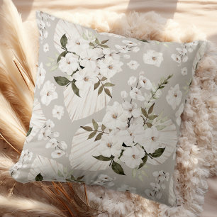Oreiller jeté floral Boho neutre Fleurs blanches