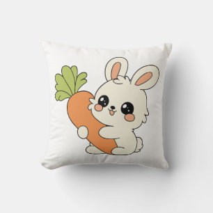 Oreiller jeté lapin kawaii tenant une carotte