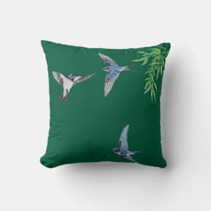 Oreiller jeté oiseau brodé imitation vert foncé