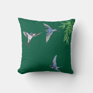 Oreiller jeté oiseau brodé imitation vert foncé