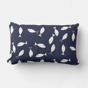 Oreiller jeté thème marin à motif de poisson blanc
