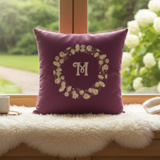 Oreiller monogramme de couronne florale burgundy