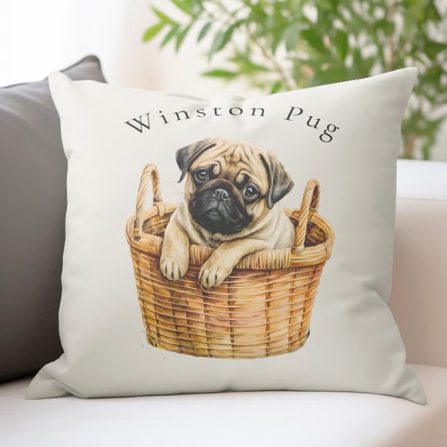oreiller personnalisé mignon pug moderne (cute personalized  modern pug dog throw cushion with custom name space , ideal for any pug lover
)