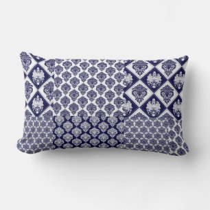 Oreiller réversible en damas patchwork bleu marine