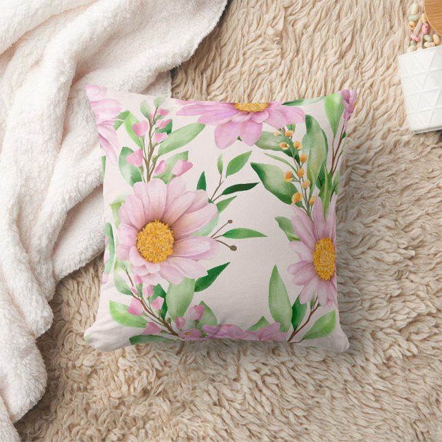 Oreiller rose Floral (Pink Flowers and green leaves floral pillow!)