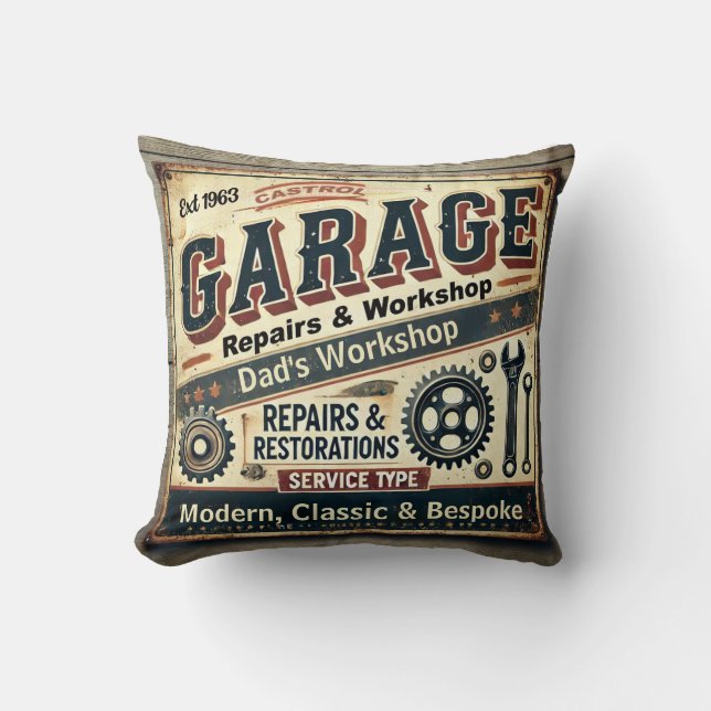 Oreiller Vintage Garage Personnalisé (Recto)