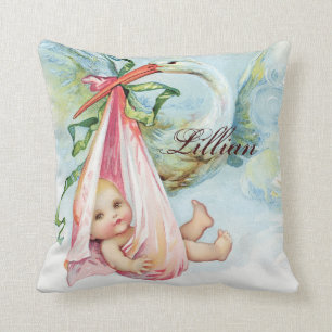 Oreillers de nursery Vintage Pink Stork pour bébé 