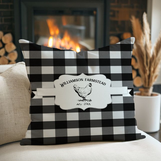 Oreillers de poulet de la ferme Plaid Buffalo noir (Black Buffalo Plaid Farm Chicken Throw Pillow)
