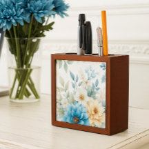 Organiseur de bureau bleu pastel aquarelle florale