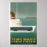 Orient Express Bahn Ferry Art Deco Poster<br><div class="desc">Reproduktion eines Orient Express Reiseplakats. Stellt eine Idee für eine Eisenbahnfähre dar,  die nie realisiert wurde. Wunderschöner Art-Déco-Stil,  in Aqua,  blau,  weiß,  gelb und ein roter Rauchstein auf der Fähre.</div>