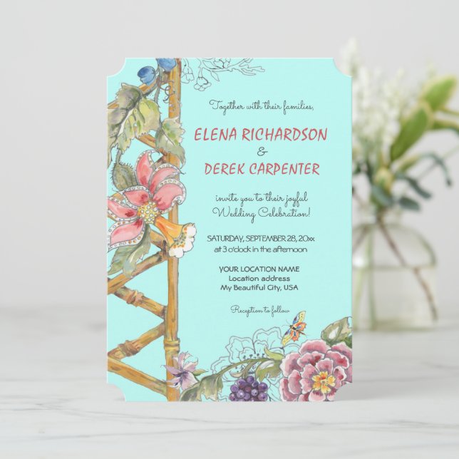 Oriental Aqua Floral Klassische Chinoiserie Hochze Einladung (Stehend Vorderseite)