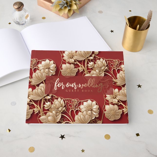Oriental Art Deco Florals | Custom Foil Wedding Gästebuch (Vorderseite offen)