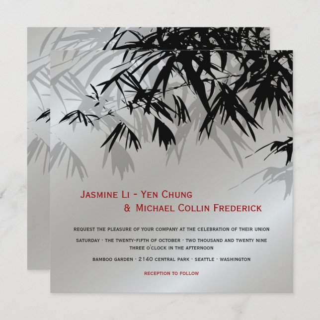 Oriental Bamboo Blätter Black Silver Asian Wedding Einladung (Vorne/Hinten)