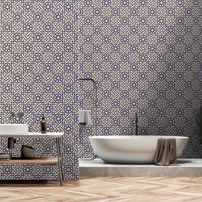 Oriental Blue Beige marokkanisches geometrisches M Tapete (Badezimmer)