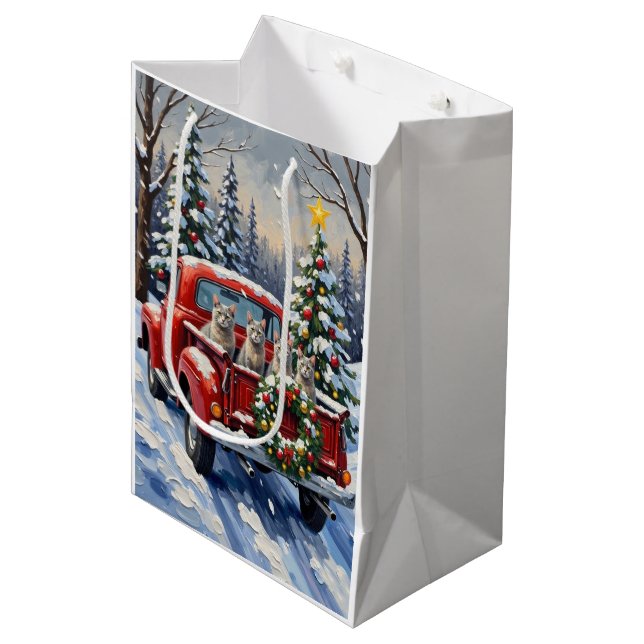 Oriental Blue Cat Christmas Red Truck Holiday Mittlere Geschenktüte (Vorderseite Schrägansicht)