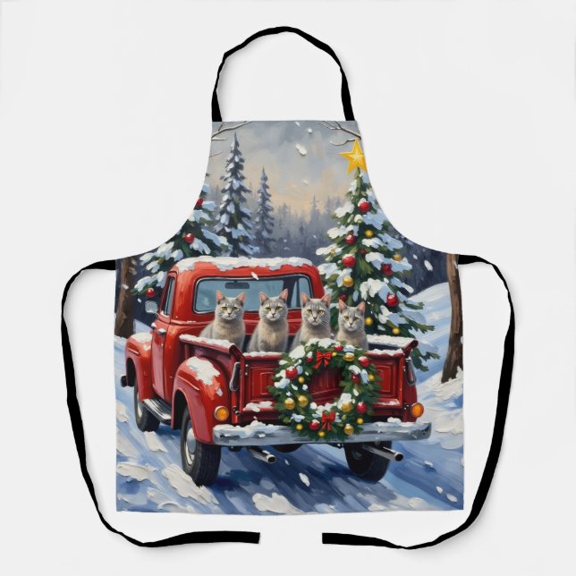Oriental Blue Cat Christmas Red Truck Holiday Schürze (Vorderseite)