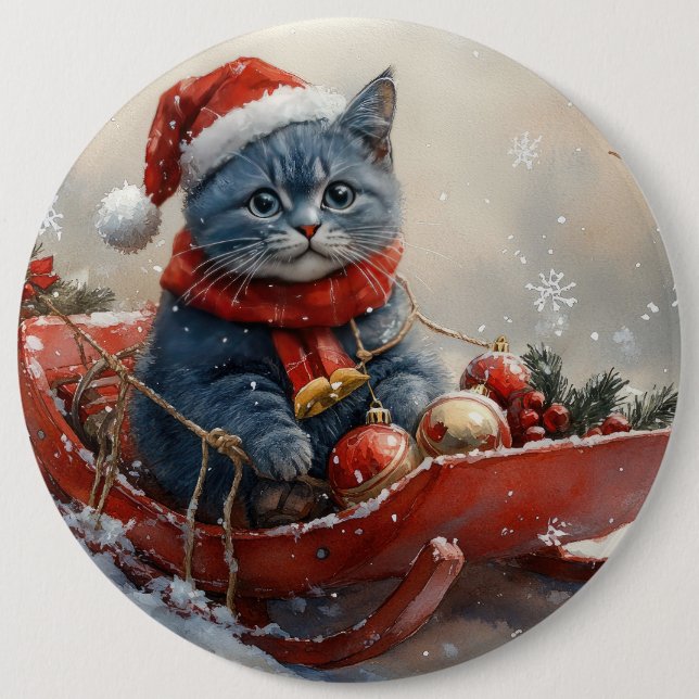 Oriental Blue Cat in Sledge Let it Snow Christmas Button (Vorderseite)