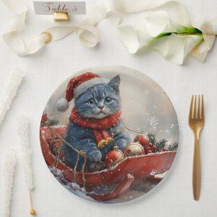 Oriental Blue Cat in Sledge Let it Snow Christmas Pappteller