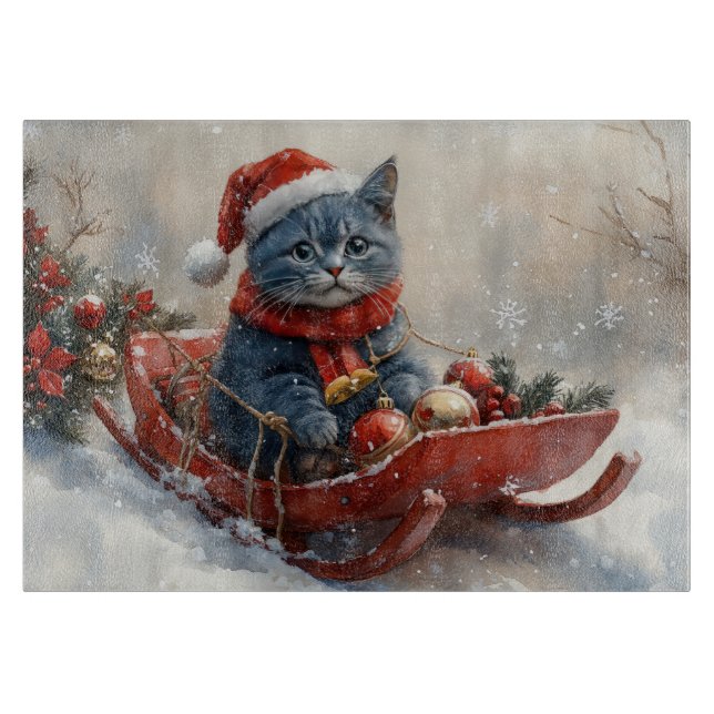 Oriental Blue Cat in Sledge Let it Snow Christmas Schneidebrett (Vorderseite)
