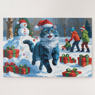 Oriental Blue Cat Sitting in Snow Weihnachtshut