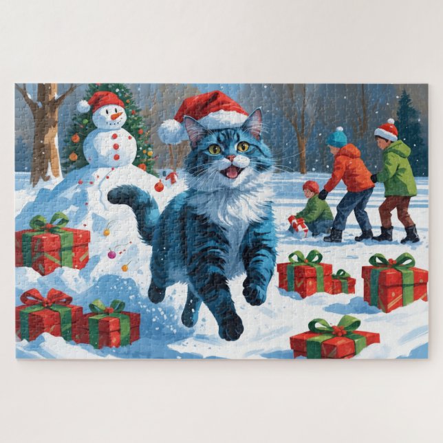 Oriental Blue Cat Sitting in Snow Weihnachtshut (Horizontal)