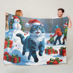 Oriental Blue Cat Sitting in Snow Weihnachtshut Fleecedecke