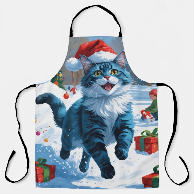 Oriental Blue Cat Sitting in Snow Weihnachtshut Schürze (Vorderseite)