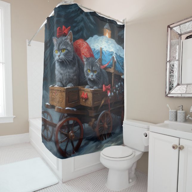 Oriental Blue Cat Snowy Sleigh Weihnachtsdekor Duschvorhang (Beispiel)