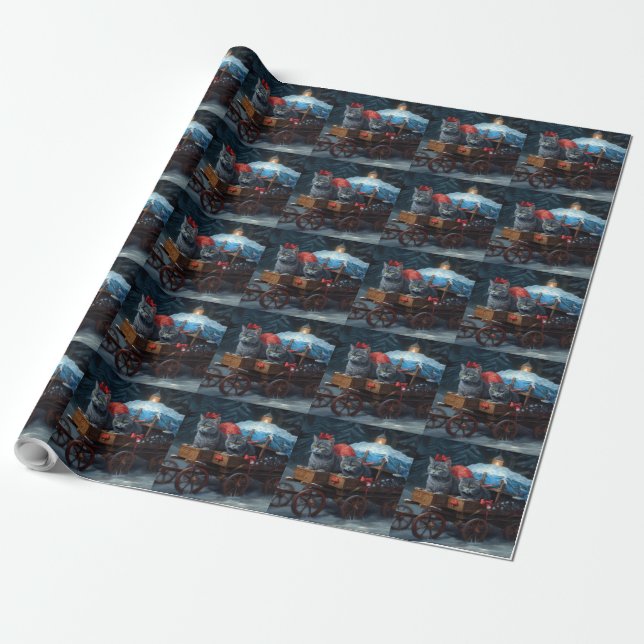 Oriental Blue Cat Snowy Sleigh Weihnachtsdekor Geschenkpapier (Ungerollt)