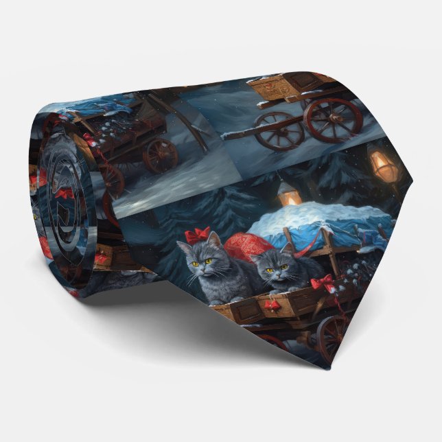 Oriental Blue Cat Snowy Sleigh Weihnachtsdekor Krawatte (Gerollt)