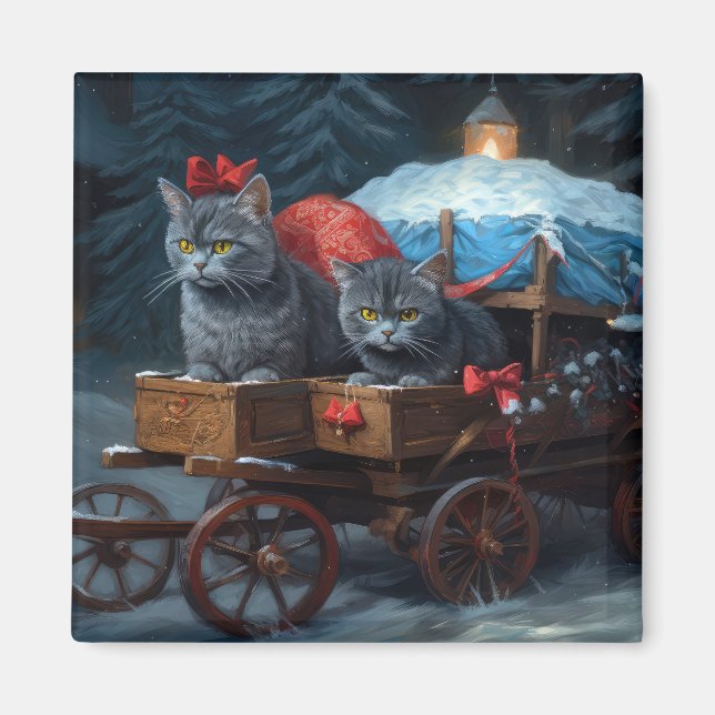 Oriental Blue Cat Snowy Sleigh Weihnachtsdekor Magnet (Vorne)