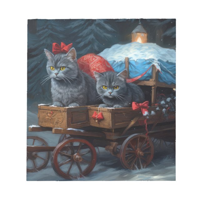 Oriental Blue Cat Snowy Sleigh Weihnachtsdekor Notizblock (Vorderseite)
