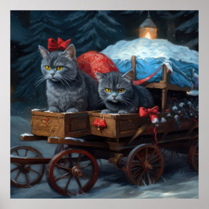 Oriental Blue Cat Snowy Sleigh Weihnachtsdekor Poster