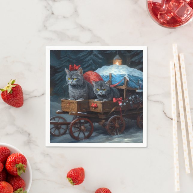 Oriental Blue Cat Snowy Sleigh Weihnachtsdekor Serviette (Beispiel)