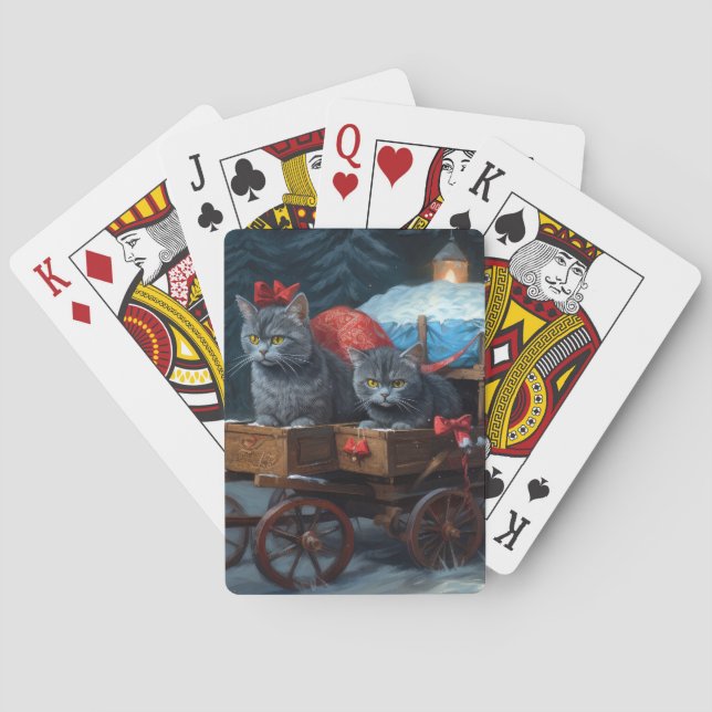 Oriental Blue Cat Snowy Sleigh Weihnachtsdekor Spielkarten (Rückseite)